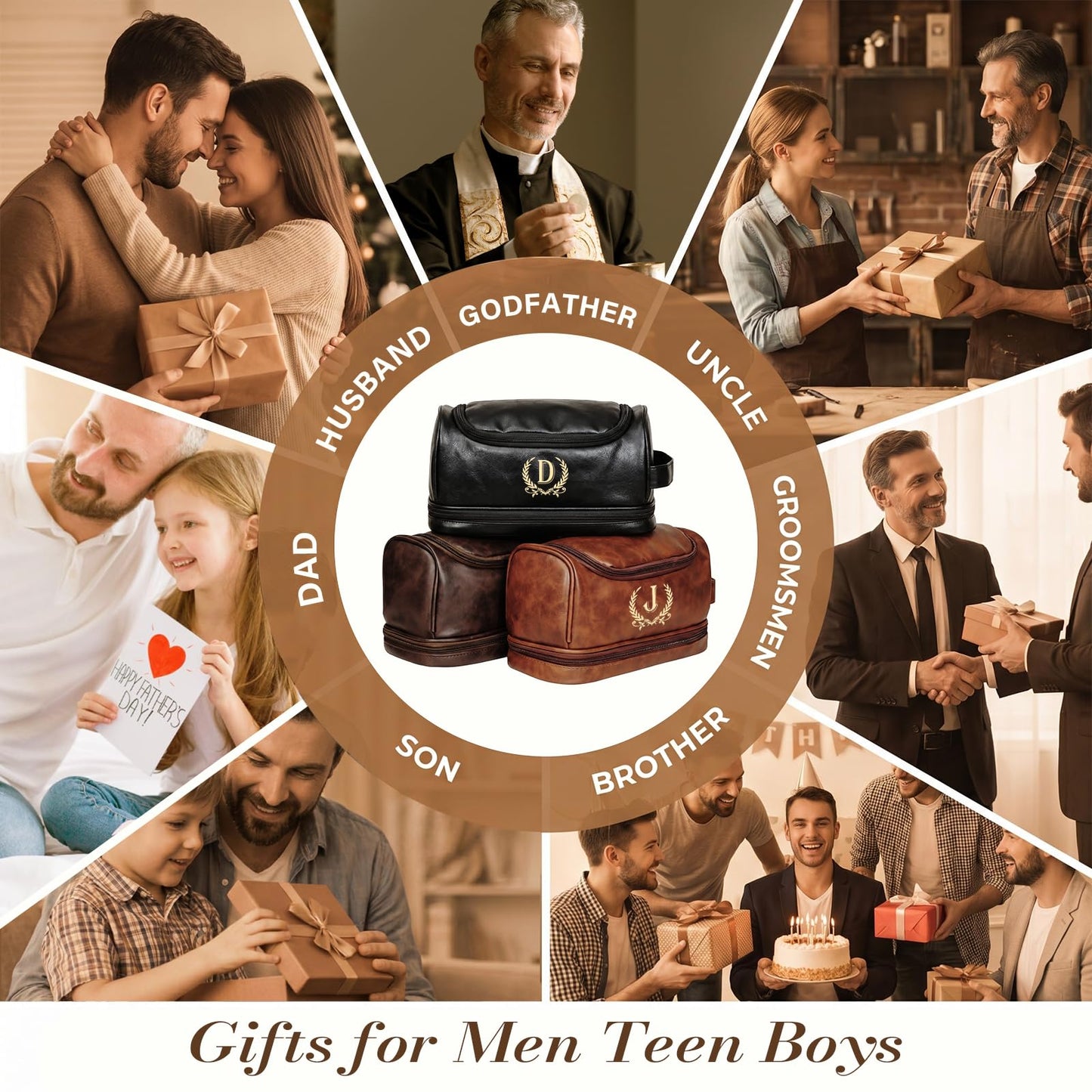 Groomsmen Gifts for Men Travel Toiletry Bag, Personalized Leather Toiletry Bag with Handle & Hook, Water Resistant Shaving Kit Bag for Wedding Party Bachelor Party Favors Bestman Gifts(T)