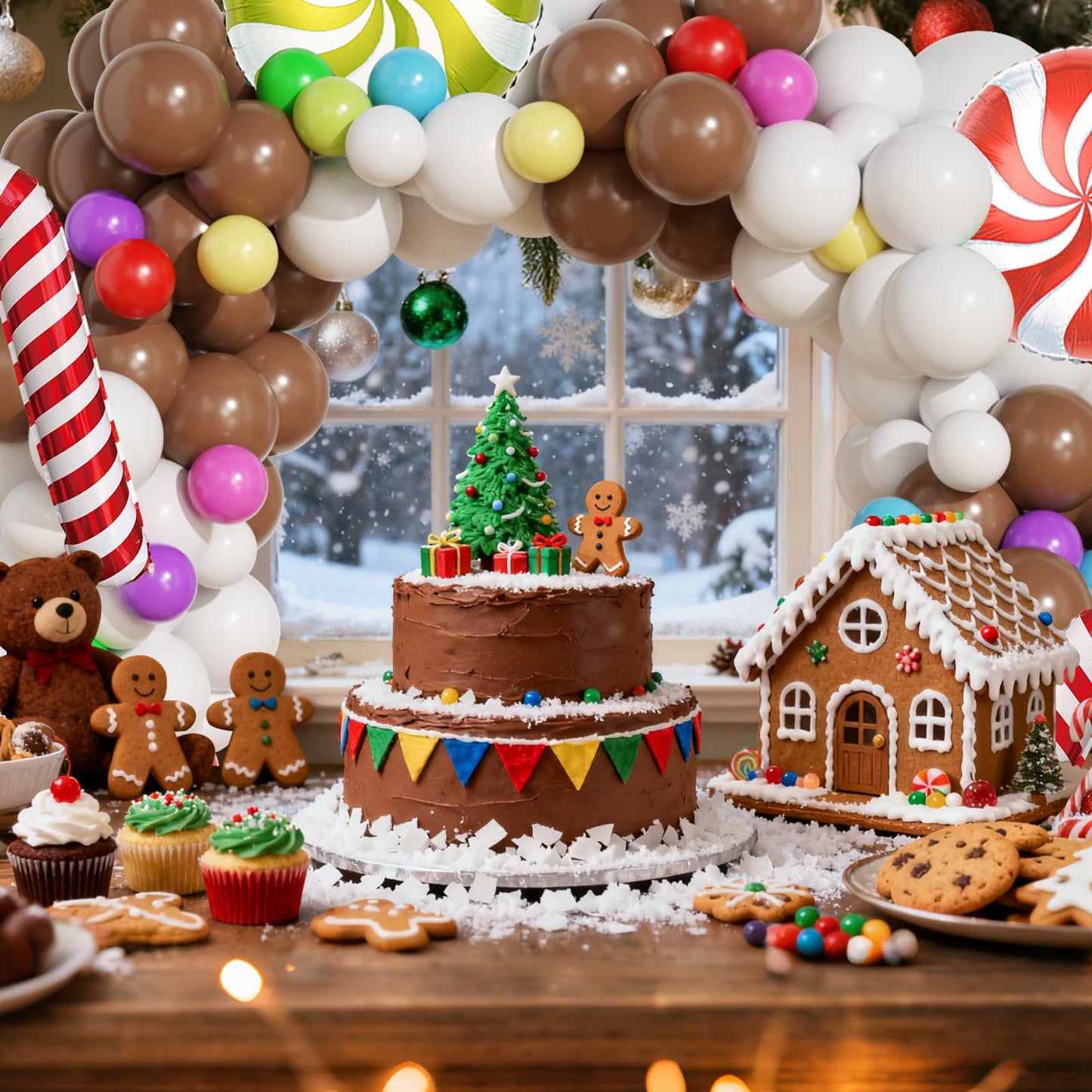 420Pcs Christmas Gingerbread House Balloon Arch Garland Kit, Brown White Balloon with Candy Canes Lollipops for Merry XMAS New Year Winter Party Decorations