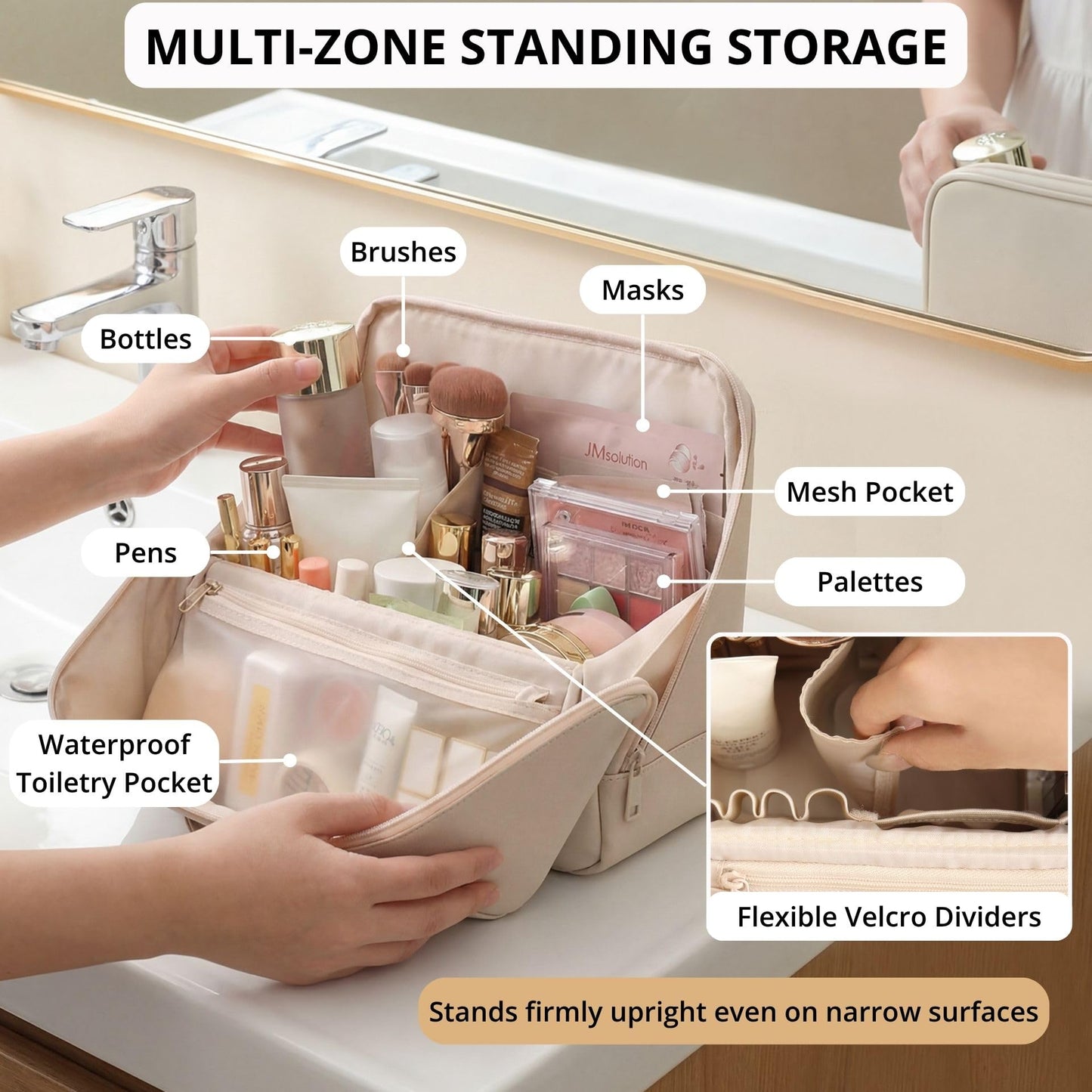 tianzong Travel Makeup Bag with Magnetic Fold-Down Flap, Waterproof Leather Cosmetic and Toiletry Organizer for Women, Multi-Zone Standing Storage, Dusty Rose, Large
