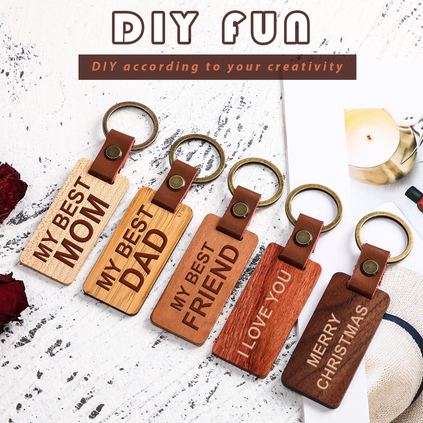 Batiyeer 30 Pcs Wooden Keychain Blanks 5 Colors Rectangle Wood Key Chain with Leather Strap Unfinished Gifts for Father