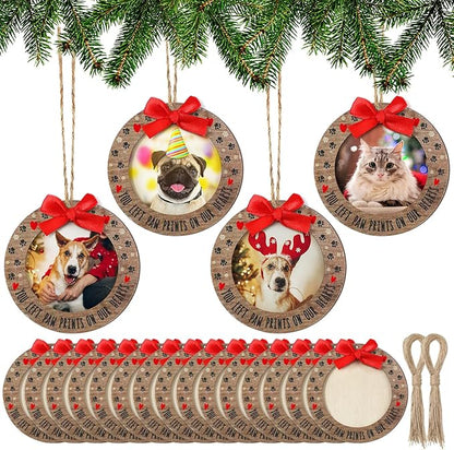 Blulu 24 Pcs Christmas Pet Picture Frames Wooden Dog Paw Memorial Photo Ornaments Snowflake Christmas Tree Decorations Pet Sympathy Gifts