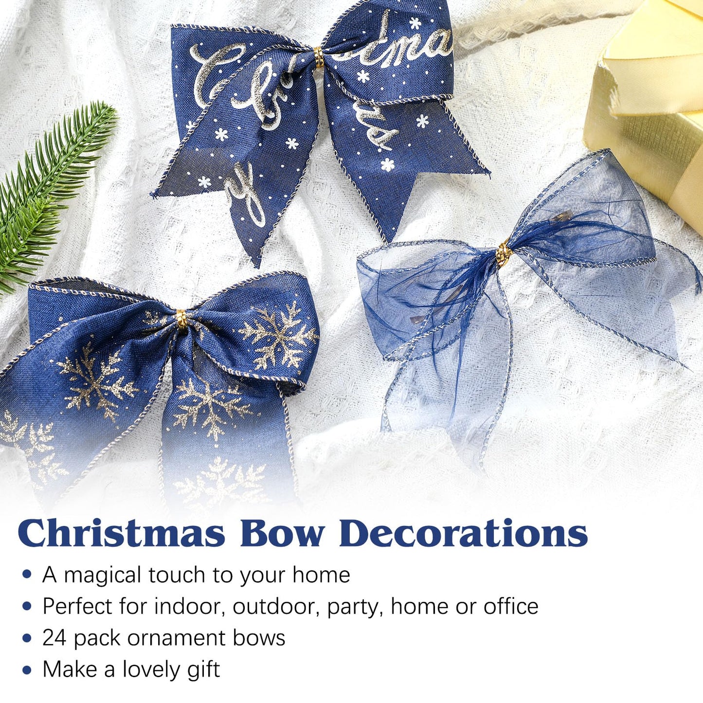Norme 24 Pcs Navy Blue Christmas Ribbon Bows with Twist Tie Pretied Premade Navy Blue and Gold Ribbon Bows for Xmas Tree Wreath Garland Home Decor Indoor Outdoor Decorations