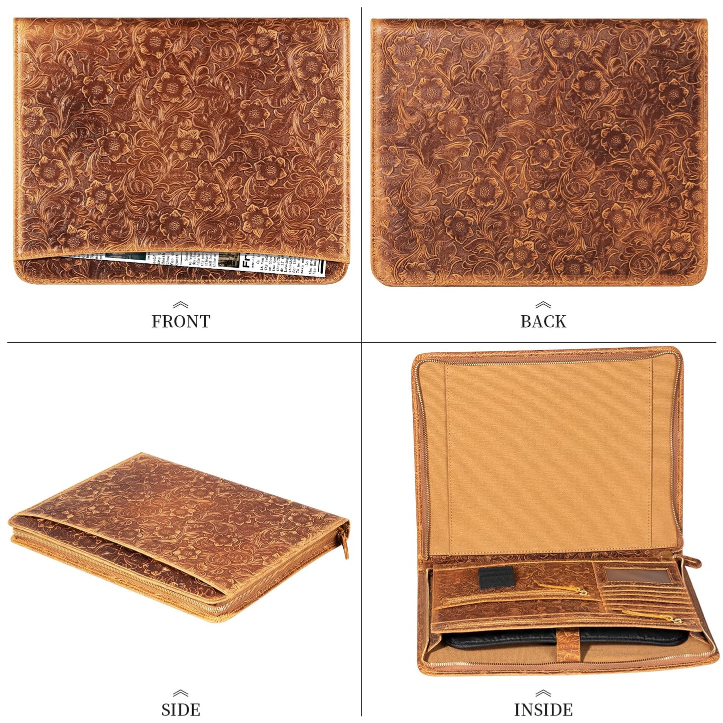 Gexmil Leather Portfolio Organizer for Women Men, Business Padfolio Folder with Zipper, Full Grain Leather,Interview Legal Document File Resume Organizer, A4 Writing Notepad Padfolio, Floral Brown