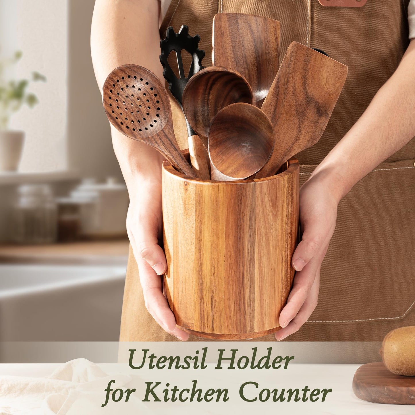 Criusia Utensil Holder 2 Pack, 360° Rotating Acacia Wood Cooking Utensil Crocks for Kitchen Counter, Farmhouse & Modern Decor, (2 Large)