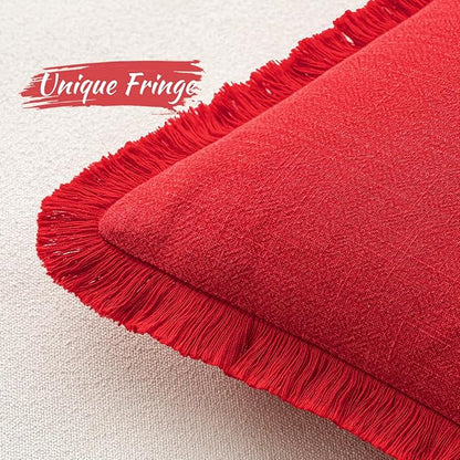 MIULEE Christmas Decorative Lumbar Throw Pillow Covers Neutral Linen Fringe Throw Pillows Set of 2 Red Boho Farmhouse Cushion Covers with Tassels for Couch Sofa Bed Living Room Home Decor 12x20 Inch