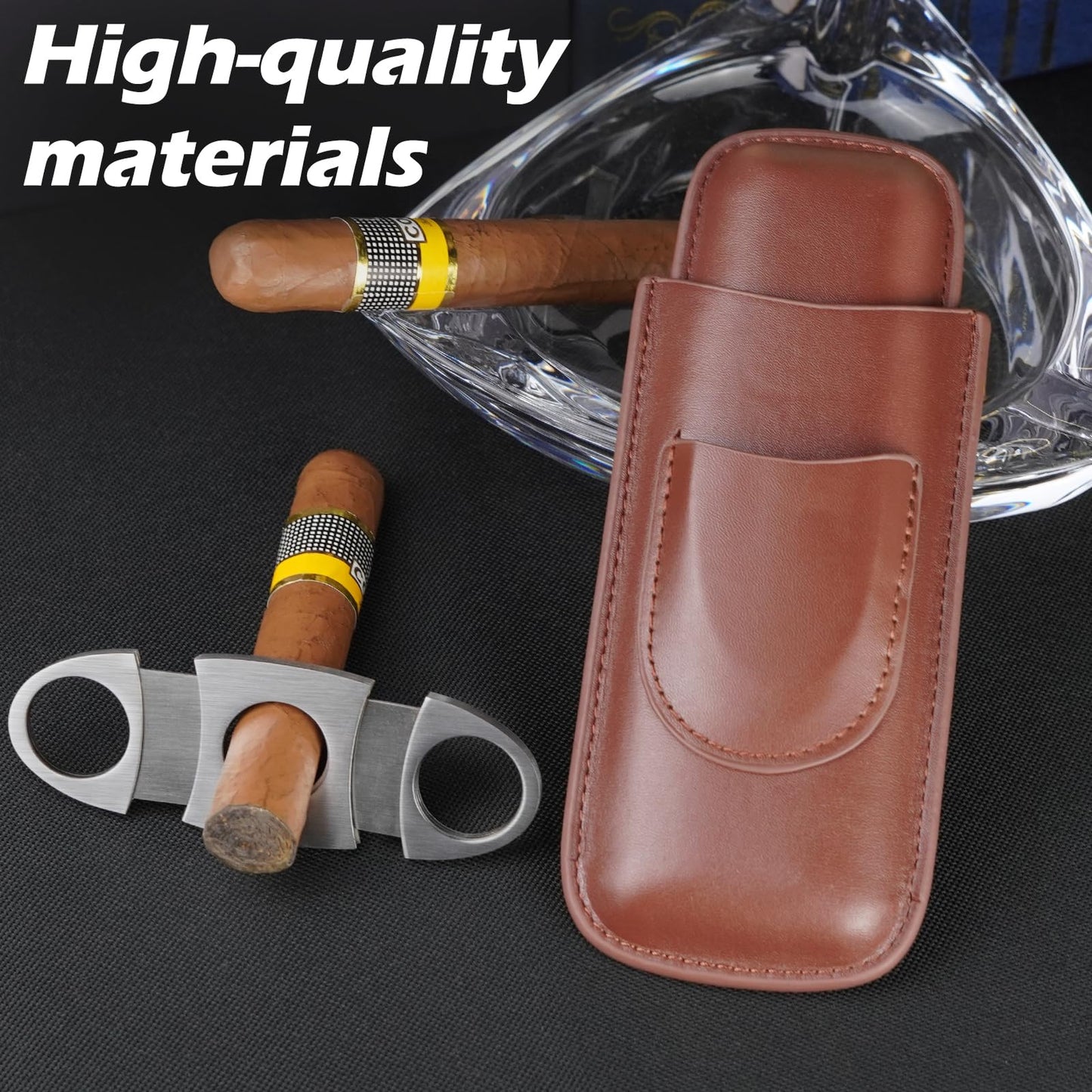 cgaplus 2-Finger Leather Cigar Case with Cutter Cedar Wood Lined Cigar Humidor Portable Travel Cigar Case(Brown)
