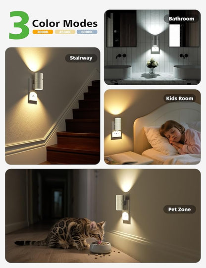 Night Lights Plug Into Wall,Dimmable LED Nightlight with Dusk to Dawn Light Sensor,0-100LM Adjustable Brightness,3 Color Temperatures,Night Light for Hallway Bathroom Stair Bedroom,White,2 Pack