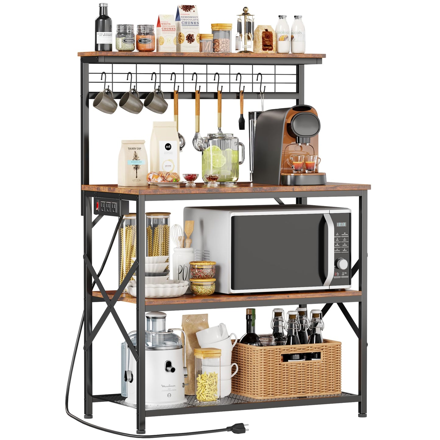 Furologee Kitchen Bakers Rack with Power Outlet, Microwave Oven Stand with Storage 4 Tiers, Coffee Bar Table with 6 S Hooks, Kitchen Storage Shelf Rack for Spices, Pots, Rustic Brown