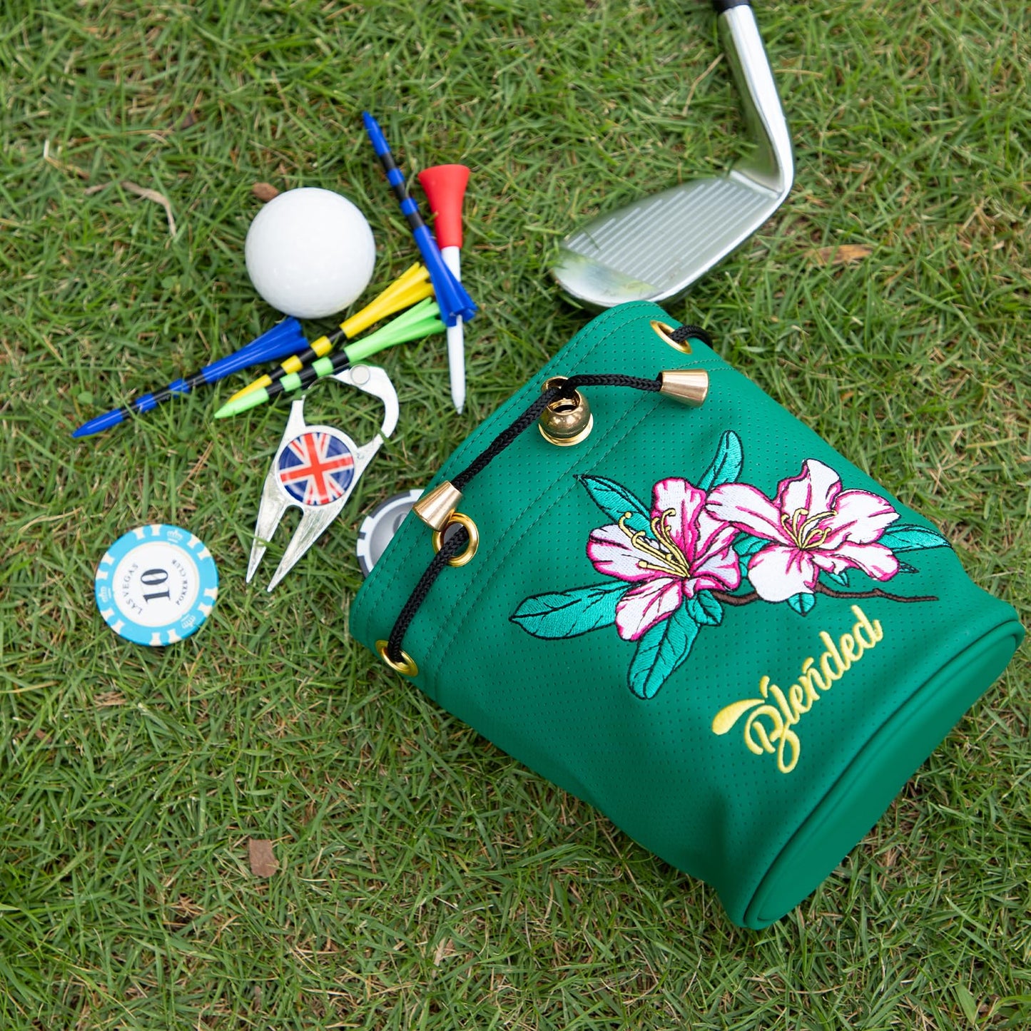 BAIRBRE Golf Valuables Pouch,Bucket Waist Design Golf Pouch Bag Azalea Embroidery Tee Bag with Drawstrings Leather for Men Women