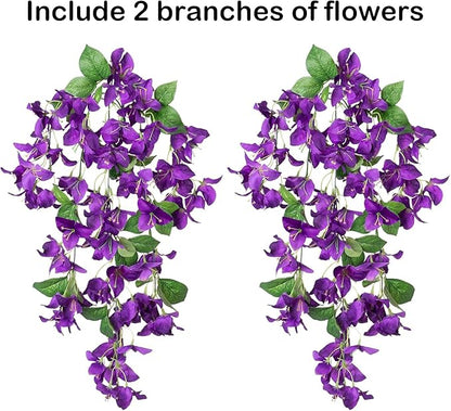 2PCS Bougainvillea Artificial Hanging Flowers Plants for Outdoors Outside Summer Decoration, Faux Silk Flowers Fake Vines UV Resistant Look Real Realistic for Front Door Porch Planter Balcony, Purple