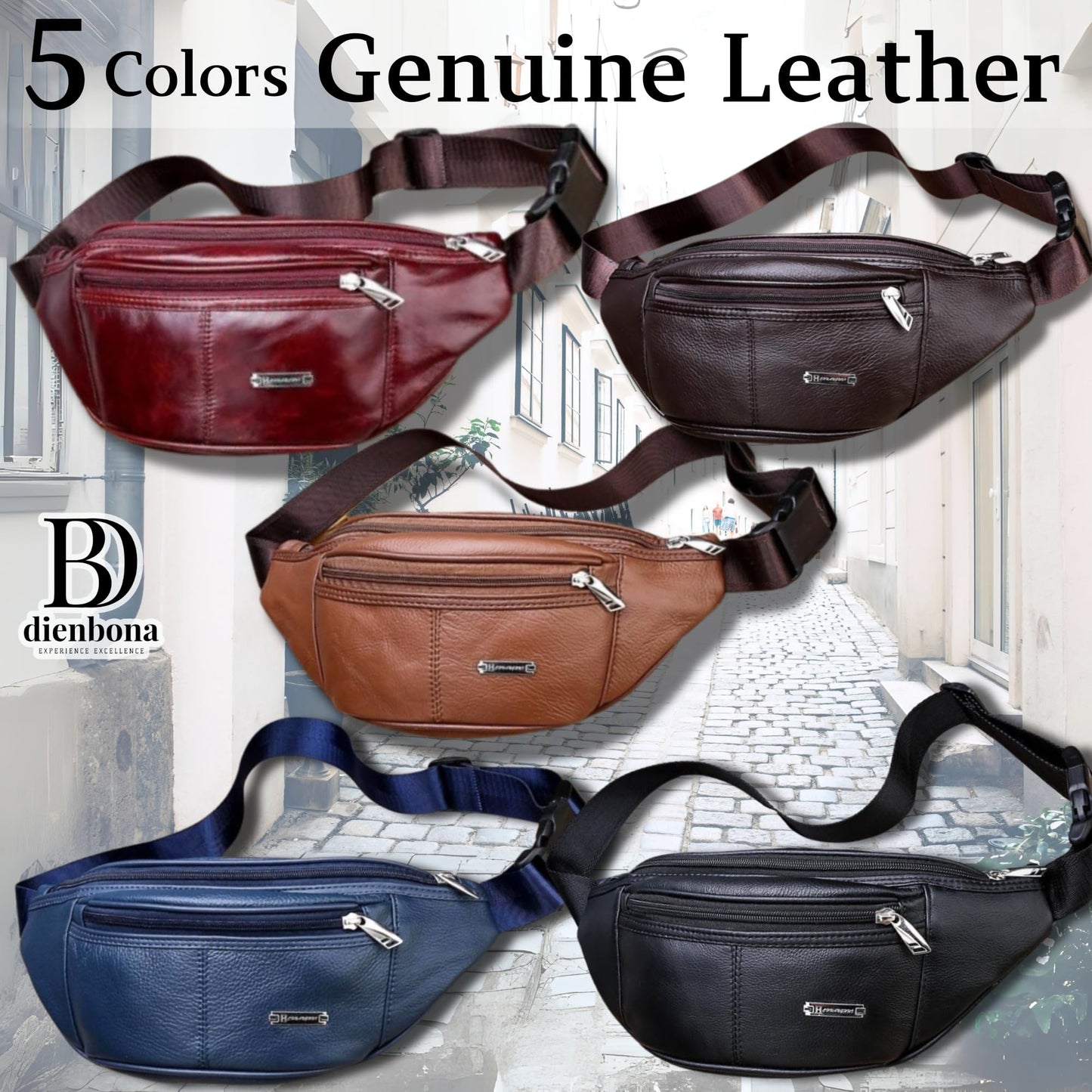 Genuine Leather Fanny Pack Bum Bag for Men – Crossbody Sling Waist Bag with 3 Pockets & Hidden Anti-Theft Pocket, Adjustable Strap, Lightweight Travel Hip Bag for Hiking, Outdoor & Daily Use (Navy)