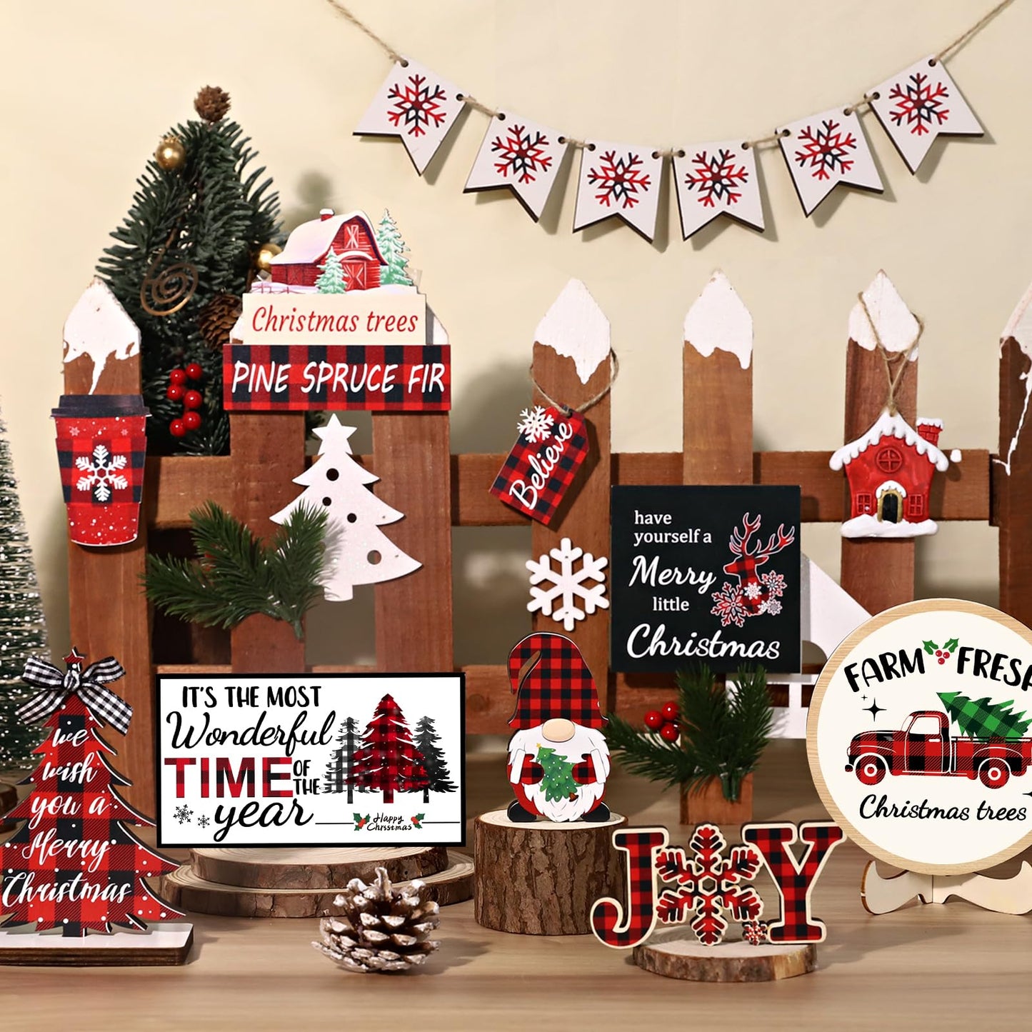 20 Pcs Christmas Tiered Tray Decor - Christmas Decorations Indoor Table Centerpieces Red and Black Buffalo Plaid Tray Decor with Snowflake, Xmas Tree, Gnome Wooden Signs for Home Shelf Decor