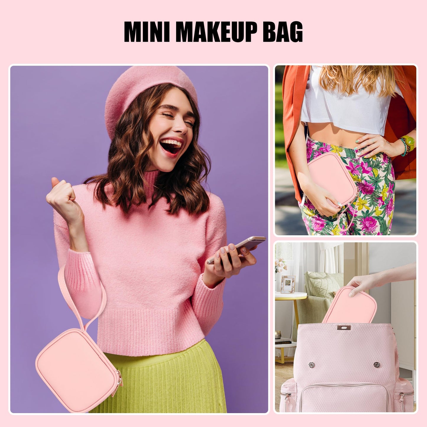 Relavel Mini Makeup Bag with Led Mirror, Small Cosmetic Bag with 3 Light Modes, Rechargeable Portable Makeup Pouch with Hands-Free Wrist Strap for Pool Parties丨Work Touch-Ups丨Travel - Pink