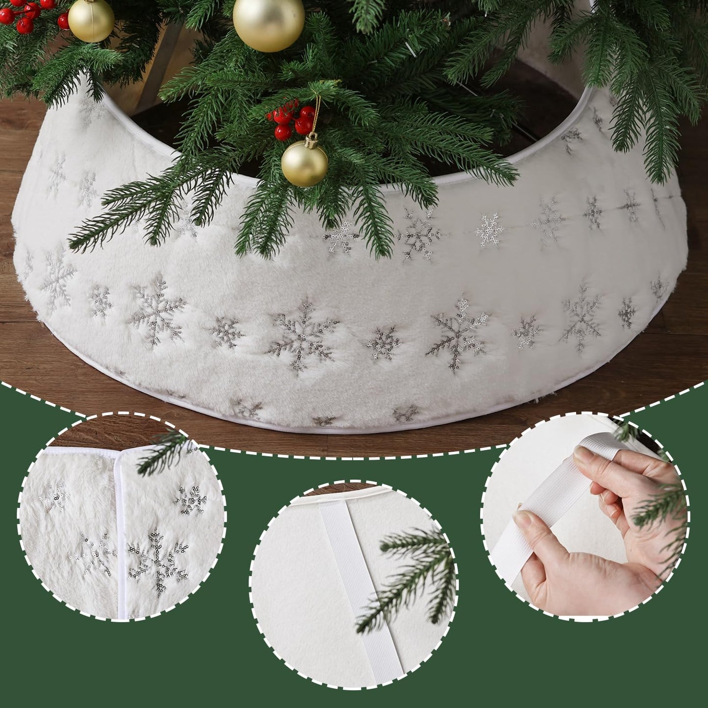 Faux Fur Christmas Tree Collar: Rustic White Luxury Plush Fur Christmas Tree Collars with Sliver Snowflake Sequins Pattern, Size Adjustable Farmhouse Modern Xmas Tree Skirt for Christmas Home Decor