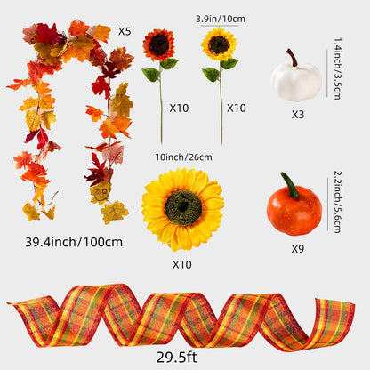 39 Pcs Fall Maple Leaf Sunflower Tree Decoration Set Leaf Garlands 2.5 Inch × 9.8 Yd Orange Harvest Ribbon Sunflower Pumpkin Thanksgiving Hanging Decor for Fall Autumn Thanksgiving Tree ﻿