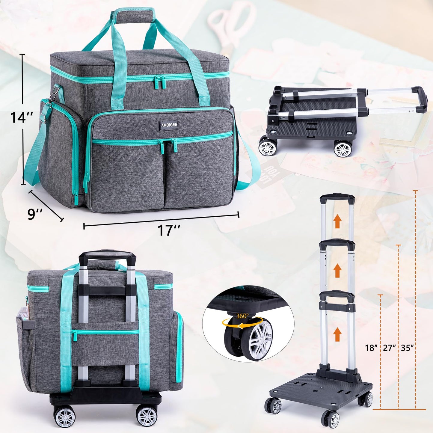 AMOIGEE Rolling Tote Bag with Wheels and Handle, Sewing Machine Case, Craft Organizer Tote for Scrapbooking Storage, Teacher Rolling Bag, Craft Supply Storage, Art Bag, Rolling Cart for Teachers
