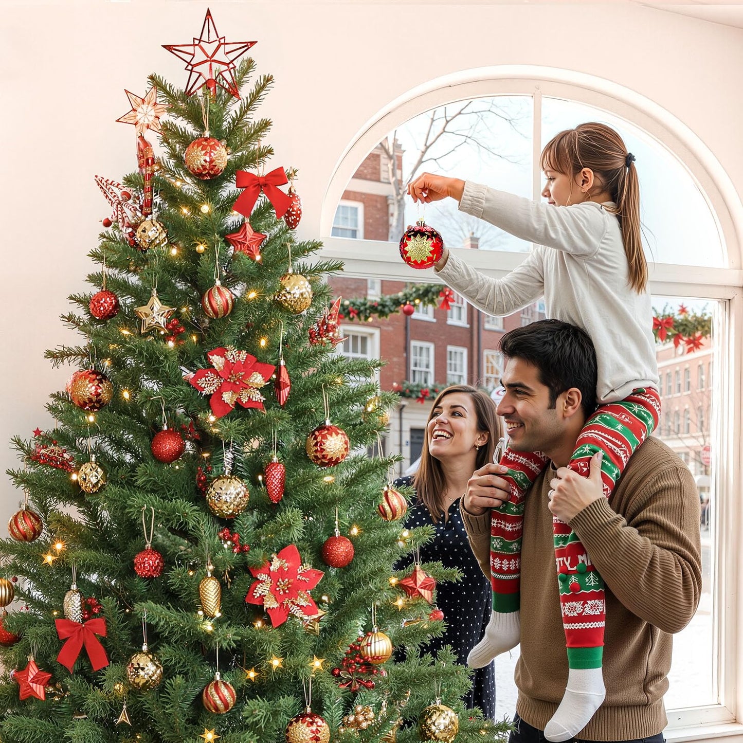 Alupssuc 128pcs Christmas Balls Ornaments Set, Shatterproof Plastic Baubles Christmas Flowers and Tree Topper for Xmas Tree Holiday Wedding Party Decorations with Hanging Strings, Red and Gold