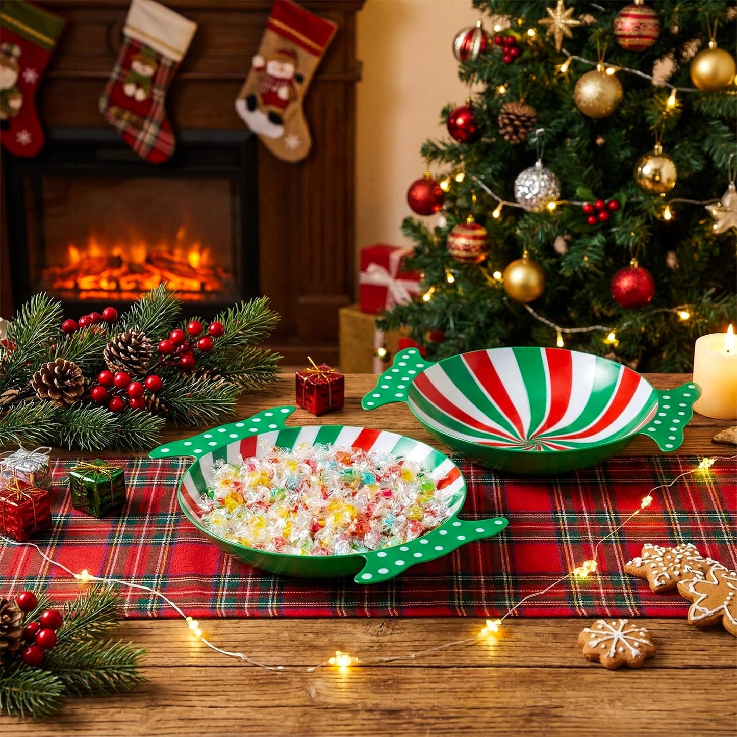 Wiwiqing 2 Pcs Christmas Peppermint Candy Tray Dishes Red Candy Platter Plastic Serving Dessert Plates Tableware Christmas Decorative Plates Dinnerware for Xmas Holiday Party Favor(Green)