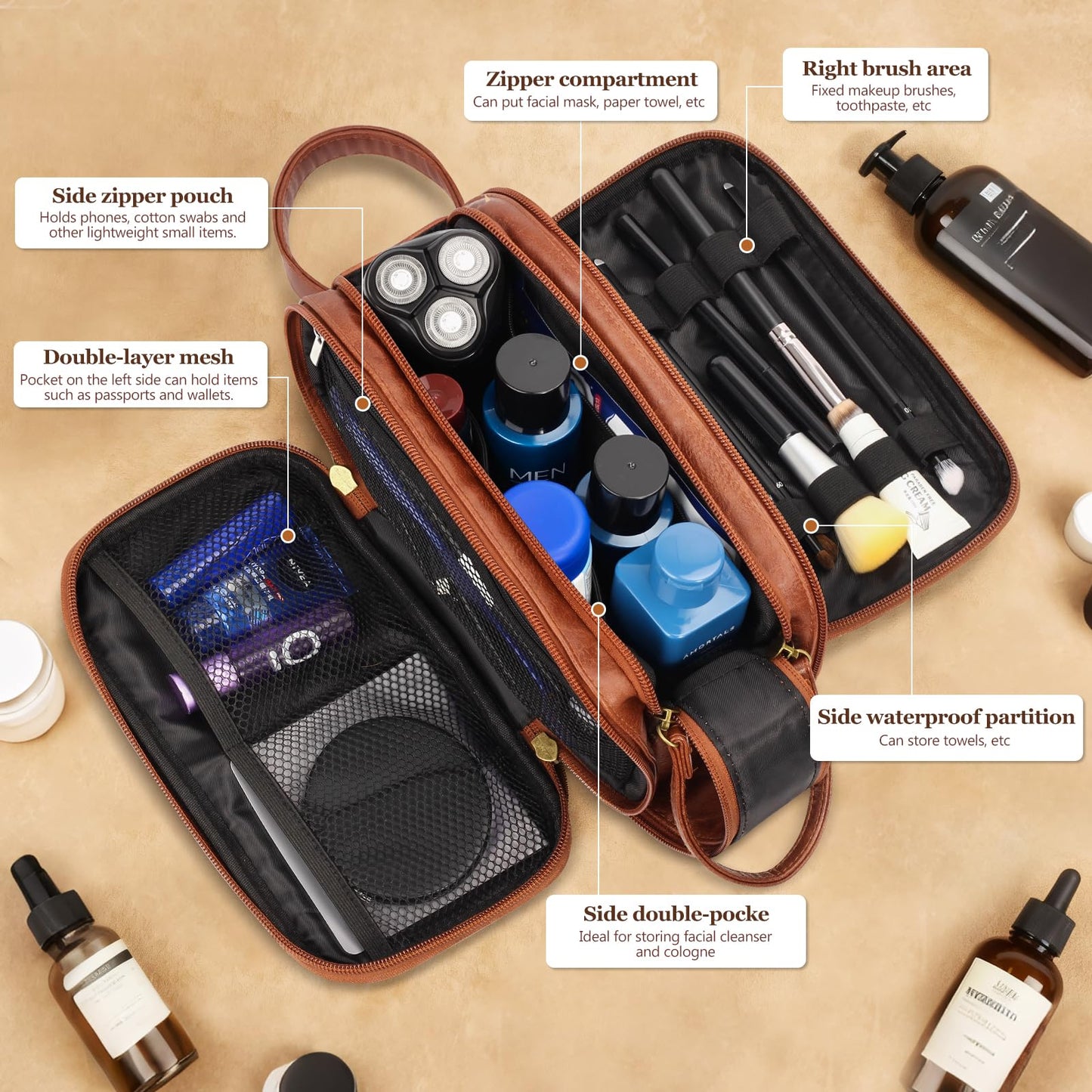 Personalized Toiletry Bag for Men,Father Day Gift for Dad Husband,Engraved Mens Toiletry Travel Bag,Waterproof PU Leather Shaving Bag,Mens Birthday Gift Ideas for Him,Groomsmen Gifts Brown- M