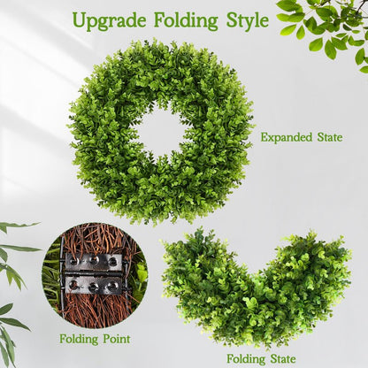 Vlorart 20" Boxwood Wreath for Front Door with Sash & Plaid Bow, Full Lush Artificial Greenery Wreath for Spring Summer Farmhouse Wall, Window & Wedding Decor