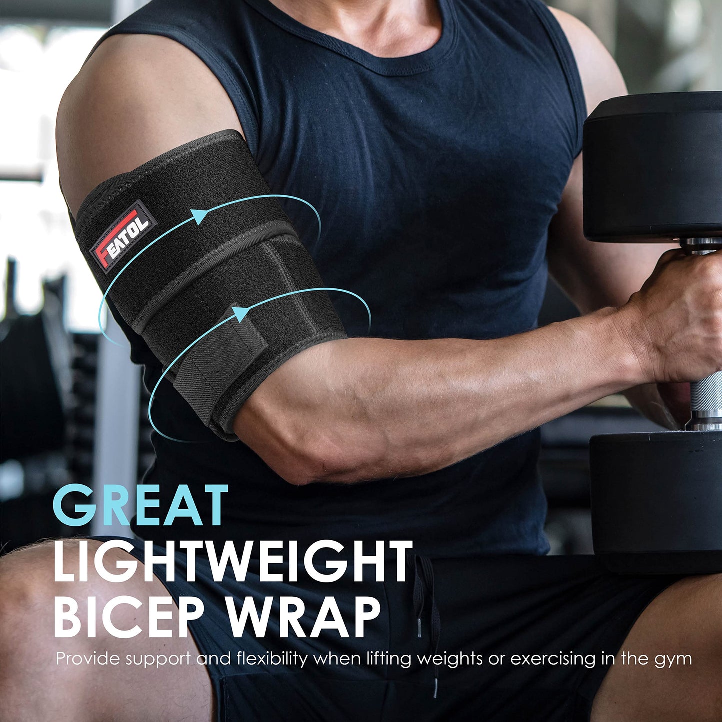 FEATOL Bicep Tendonitis Brace Compression Sleeve Support, Upper Arm Brace Tricep Bicep Support Bands for Men and Women, Arm Wrap Pain Relief for Muscle Strains and Inflammation(Black, Large)