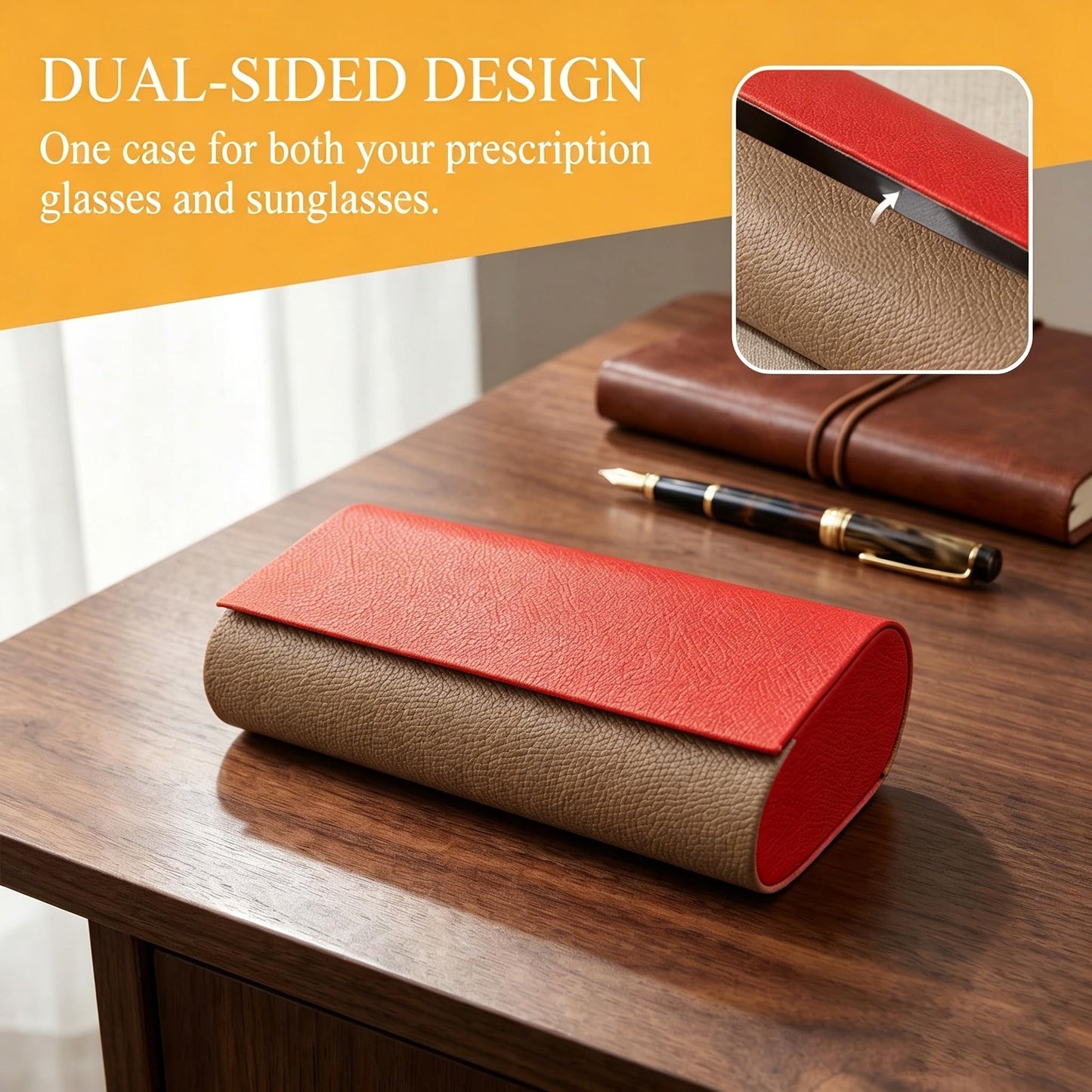 MBQBBBZ Double Glasses Case Hard Shell,Double Sunglasses Case & Double Eyeglass Case with Cleaning Cloth & Storage Pouch (Red-Gray)