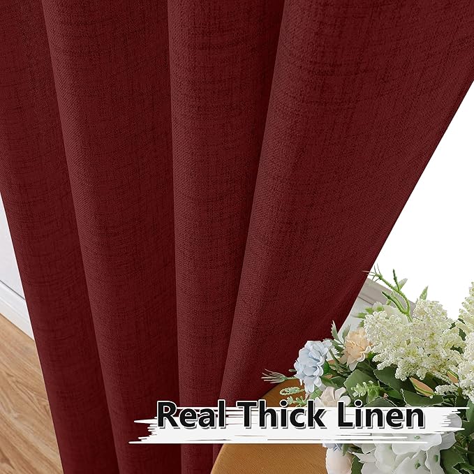 Tollpiz Linen Tier Curtain Rod Pocket Semi Sheer Half Kitchen Curtains Burlap Light Filtering Thick Linen Drape for Bathroom, 30 x 36 inches Long, Burgundy Red, Set of 2 Panels