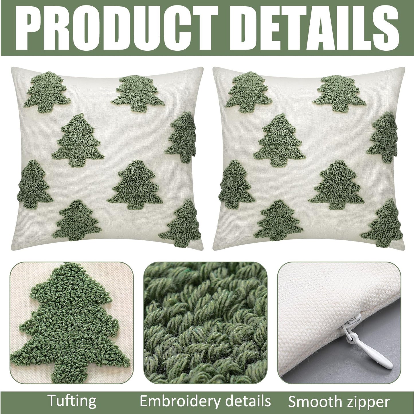 Mixweer 2 Pcs Christmas Pillow Covers 18x18 Inch Neutral Christmas Tree Embroidery Throw Pillow Covers Decorative Throw Cushion Case for Xmas Winter Holiday Decoration (White)