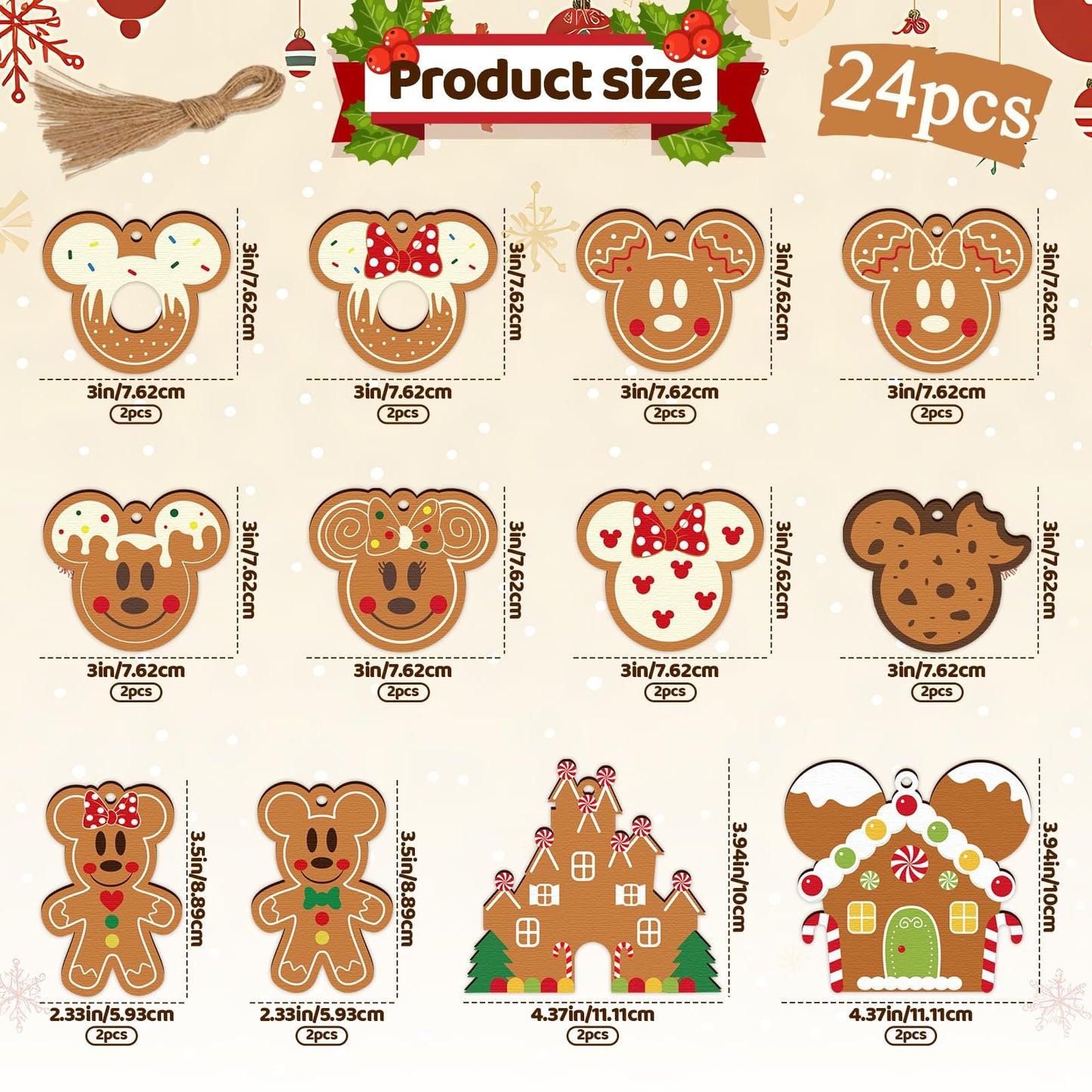 Gingerbread Ornaments for Christmas Tree Decorations, 24pcs Cute Christmas Wooden Gingerbread Man House Mouse Hanging Ornaments for Xmas Home Kitchen Decor Holiday Christmas Tree Party Supplies
