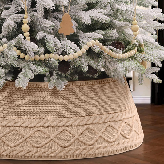 Teeanzo Christmas Tree Collar Skirt,Knitted Beige Diamond Edge Cable Stand Farmhouse Rustic Tree Ring for Artificial Christmas Tree Base Cover Holiday Home Party Decoration