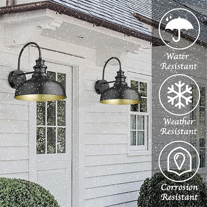 Bestshared 14 Inch Dome Gooseneck Barn Light, Farmhouse Wall Mount Light Fixture, Exterior Lighting Fixture Outdoor Sconce for Porch,Garage,Patio (Black+ Gold, 14” Dome-1Pack)