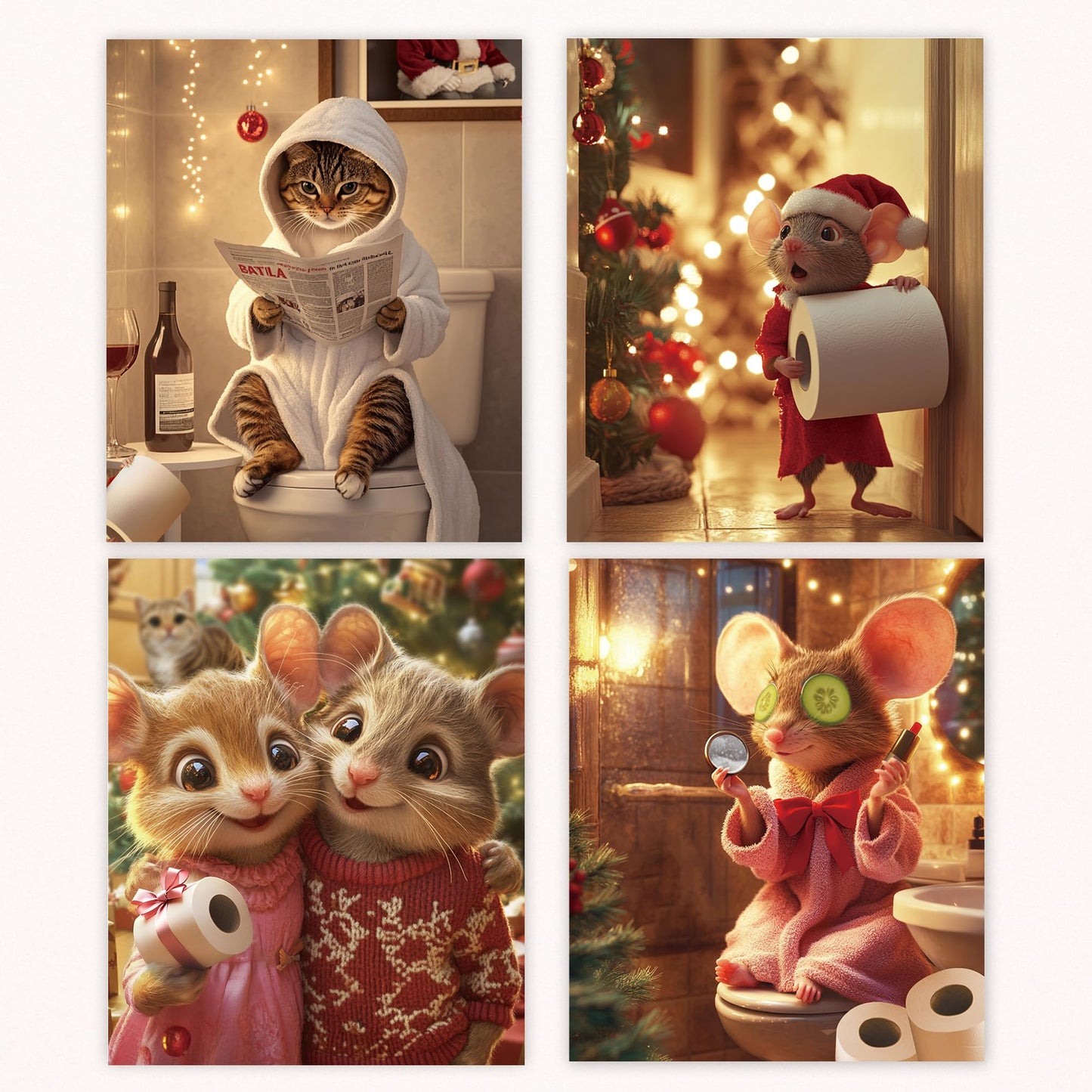Poecinvi Funny Christmas Bathroom Wall Art Prints Set of 4, Christmas Bathroom Decor, Cute Cat Mouse Animal Xmas Posters Pictures Wall Decor for Kids Bath Room Washroom, 8x10 Unframed