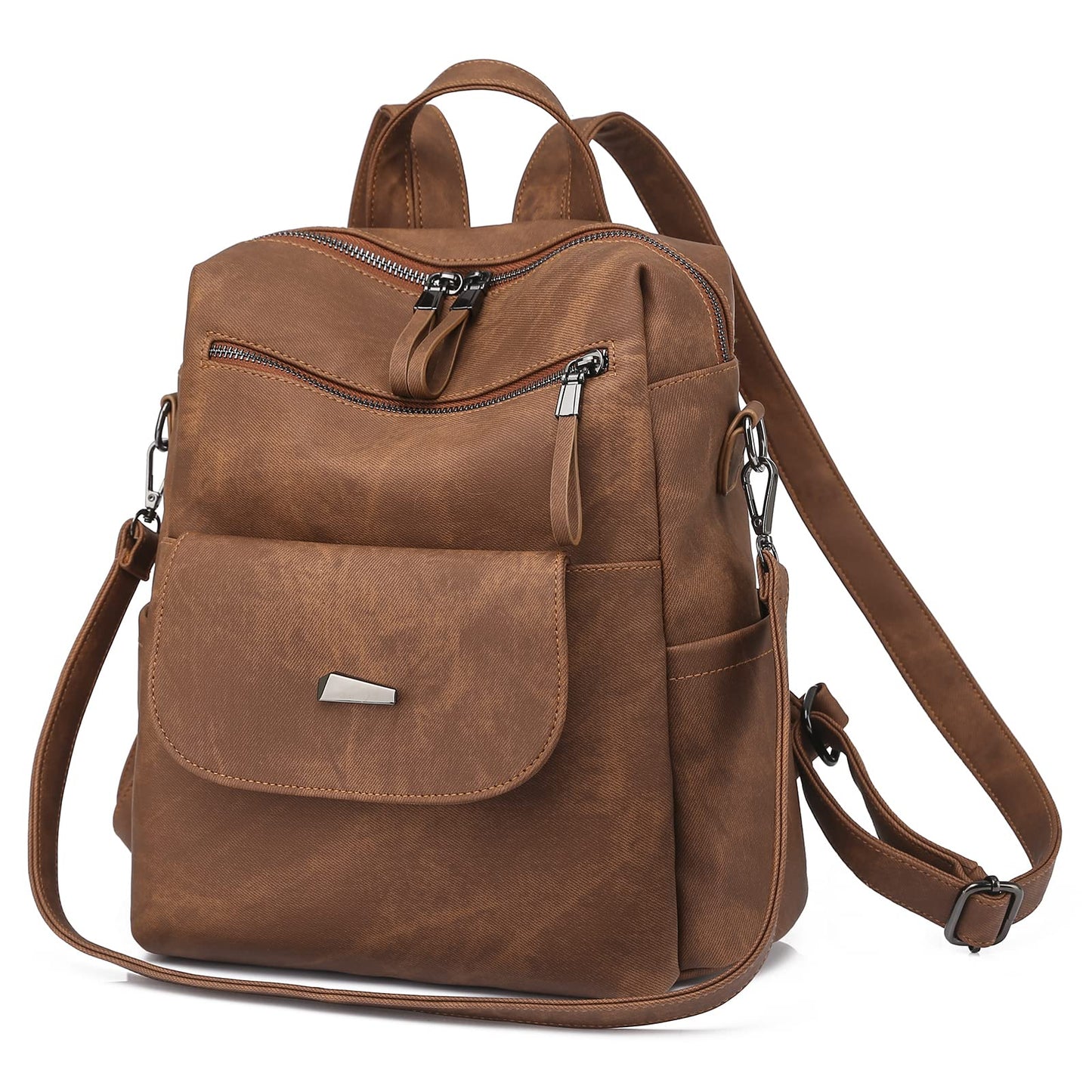 ROOSALANCE Backpack Purse for Women, Women Backpack Purse Small Leather Waterproof Anti-theft Shoulder Bags Handbags, Fashion Ladies Backpack for Daily Travel Work (Caramel)