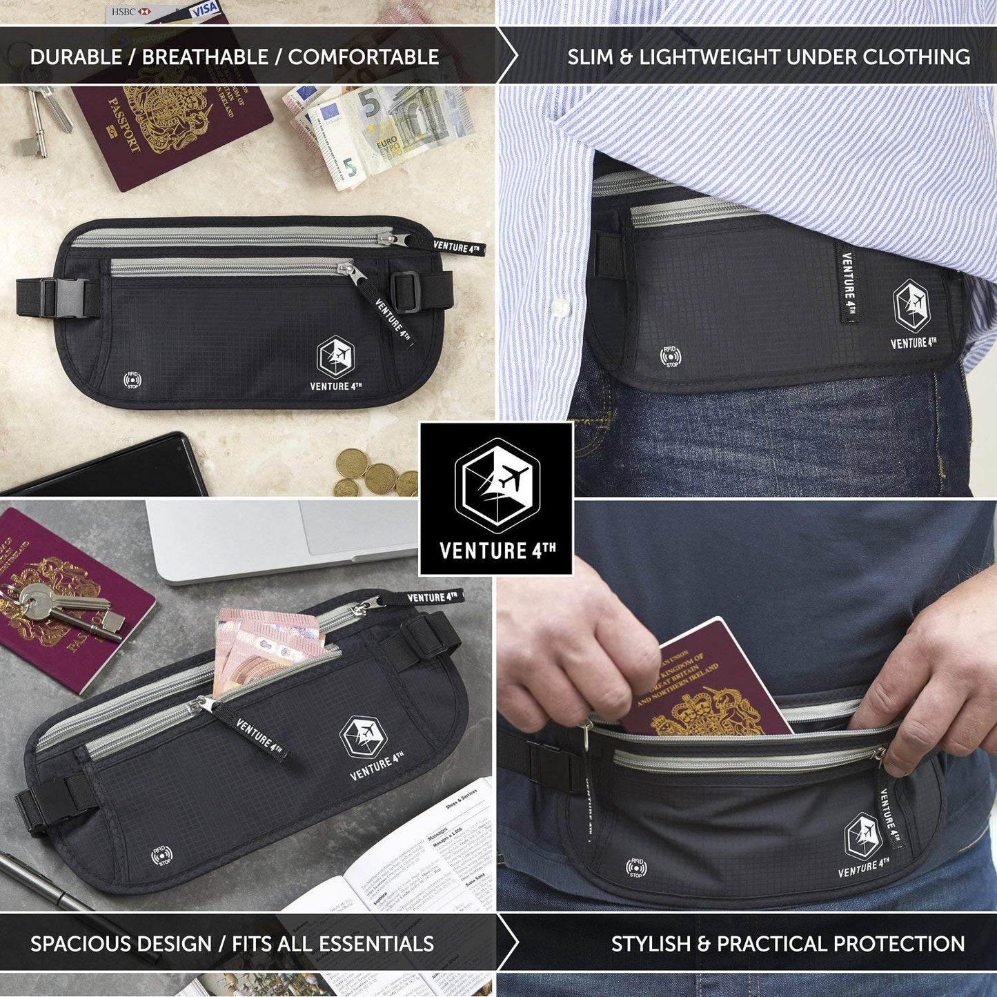 VENTURE 4TH Travel Money Belt - Slim Passport Holder RFID Blocking Travel Pouch to Protect Cash, Credit Cards and Travel Documents (Black)