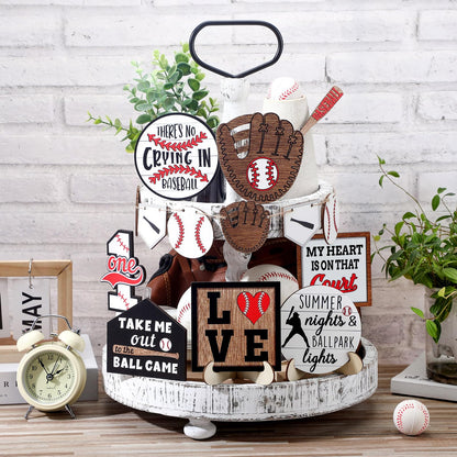 13 Pcs Baseball Tiered Tray Decor Wooden Table Centerpieces Rustic Wooden Baseball Game Sign for Fans Theme Party Ceremony
