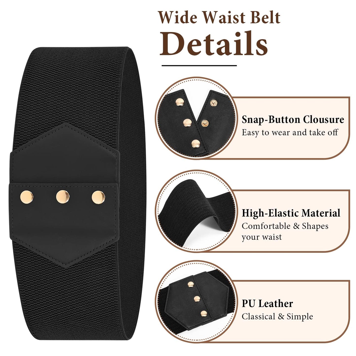 WHIPPY Women Wide Elastic Belts for Dress Snap-Button Stretch Corset Belt Ladies Stretchy Waistband Black Gold Buckle S