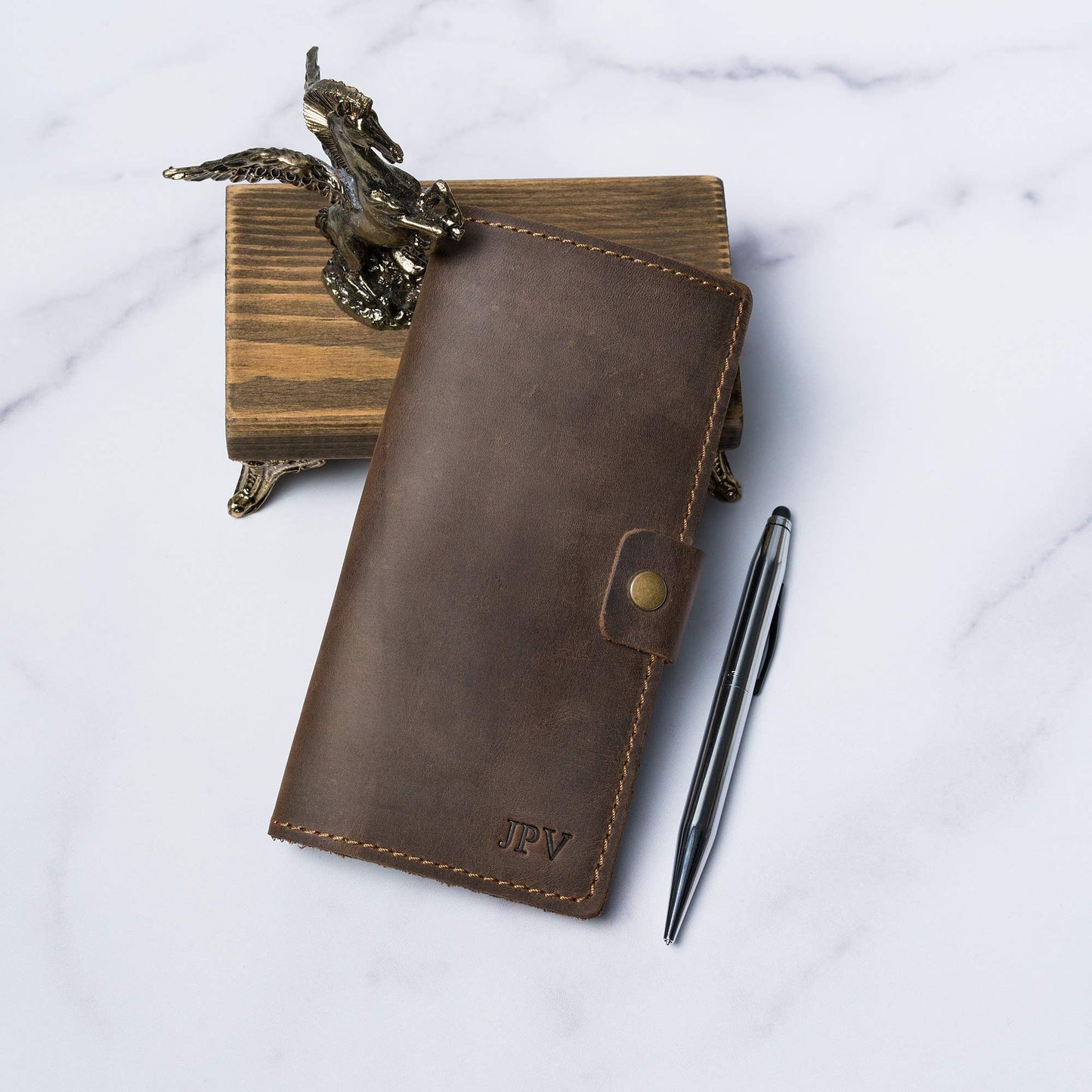 PEGAI Handmade Personalized Leather Checkbook Covers For Personal Checkbook | 100% Distressed Leather Checkbook Cover & Wallet | Business Checkbook Cover | Clark (Chestnut)