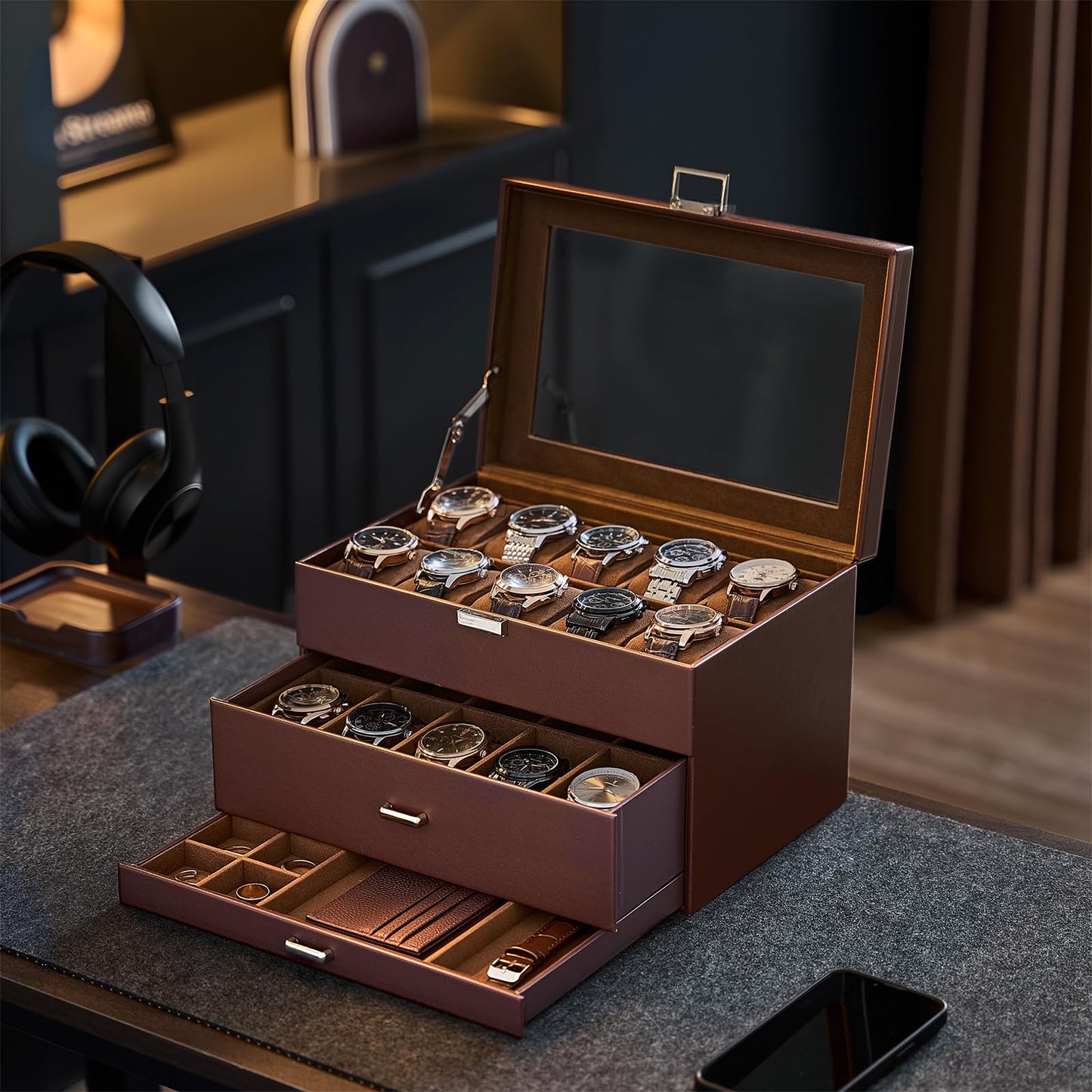 ProCase 20 Slot Watch Box for Men, 3-Layer Watch Display Case with Glass Lid, Watch Holder with Drawer, Jewelry Storage Organizer for Watches Straps Rings, Fathers Day Gift -Brown