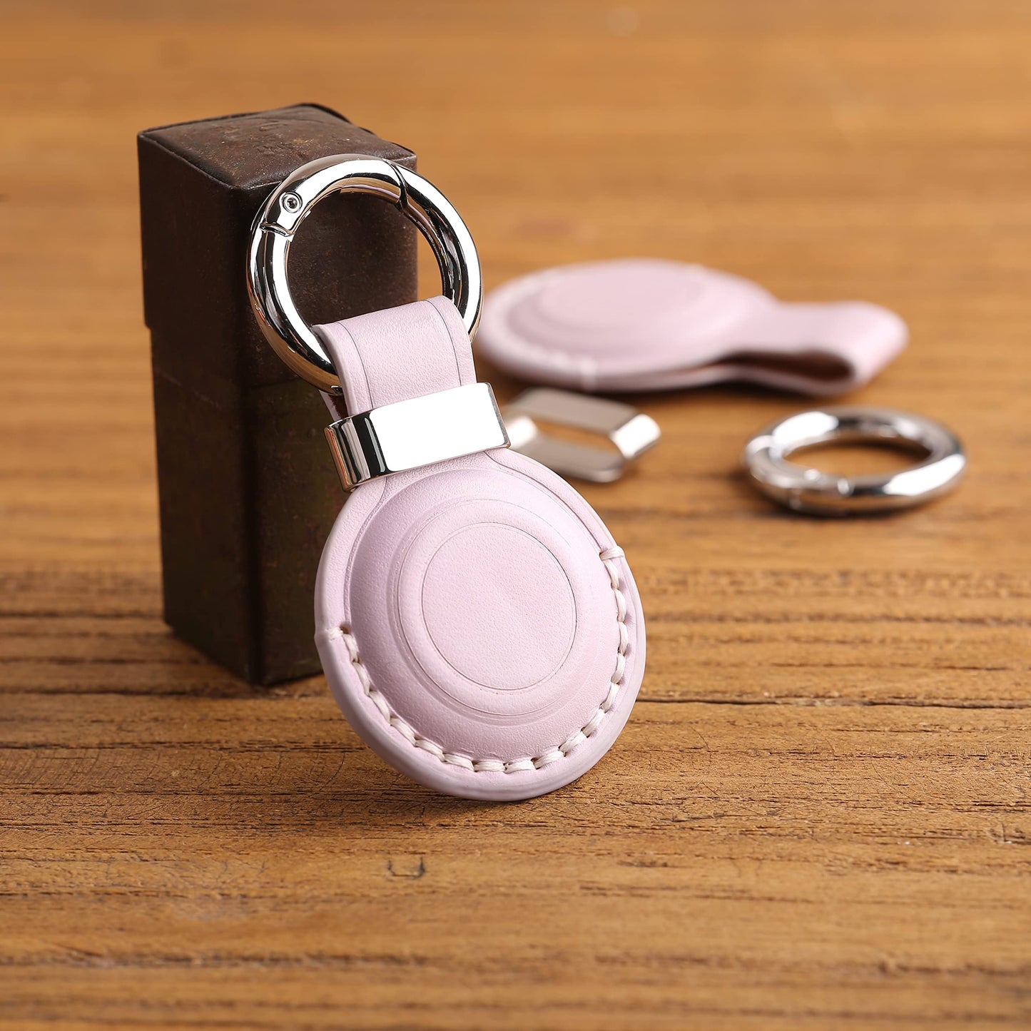 LQU Genuine Leather Keychain Holder Compatible with Airtag, Secure Air Tag Keychain Holder Case Cover Key Chain Ring Accessories for Air Tag - Purple V2.0