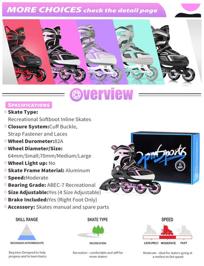 2PM SPORTS Torinx Green Boys Adjustable Inline Skates, Fun Beginner Roller Skates for Kids, Youth, Girls, Men and Women (Purple, Medium - Big Kid (1-4 US))