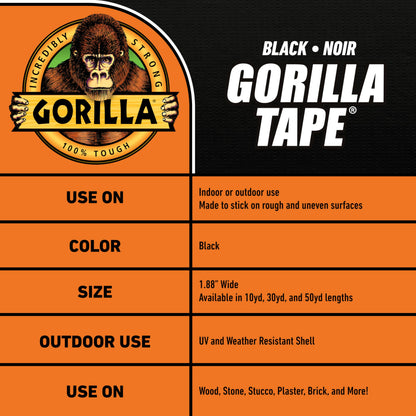 Gorilla Duct Tape,Black Tape,1.88" x 50 yd - Heavy Duty and Weather Resistant for Indoor or Outdoor,(Pack of 6)