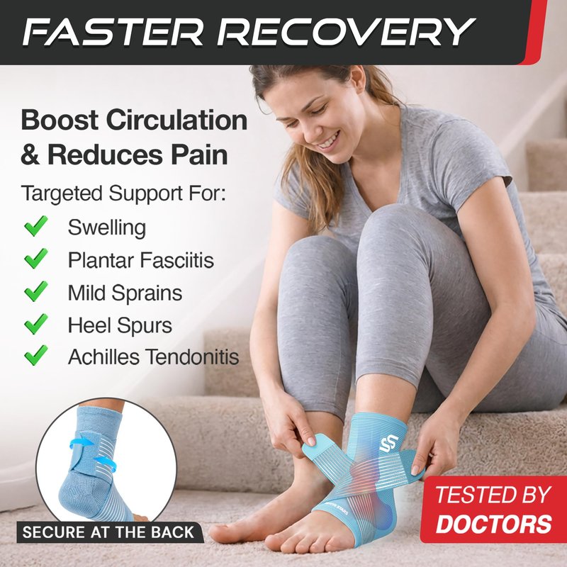 Sleeve Stars Ankle Brace for Women & Men, Ankle Wrap for Sprain, Compression Sleeve for Plantar Fasciitis Relief, Easy Customizable Support: w/ Removable Strap (Single/M:10"-12"/Light Blue)