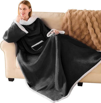 IFNOW Sherpa Wearable Blanket with Sleeves for Women Men Adults, Cozy Wearable Blanket with Arm and Pocket, Warm Full Body TV Wrap Throw Blanket, Soft Robe Blanket as Gifts for Mom Wife, Black