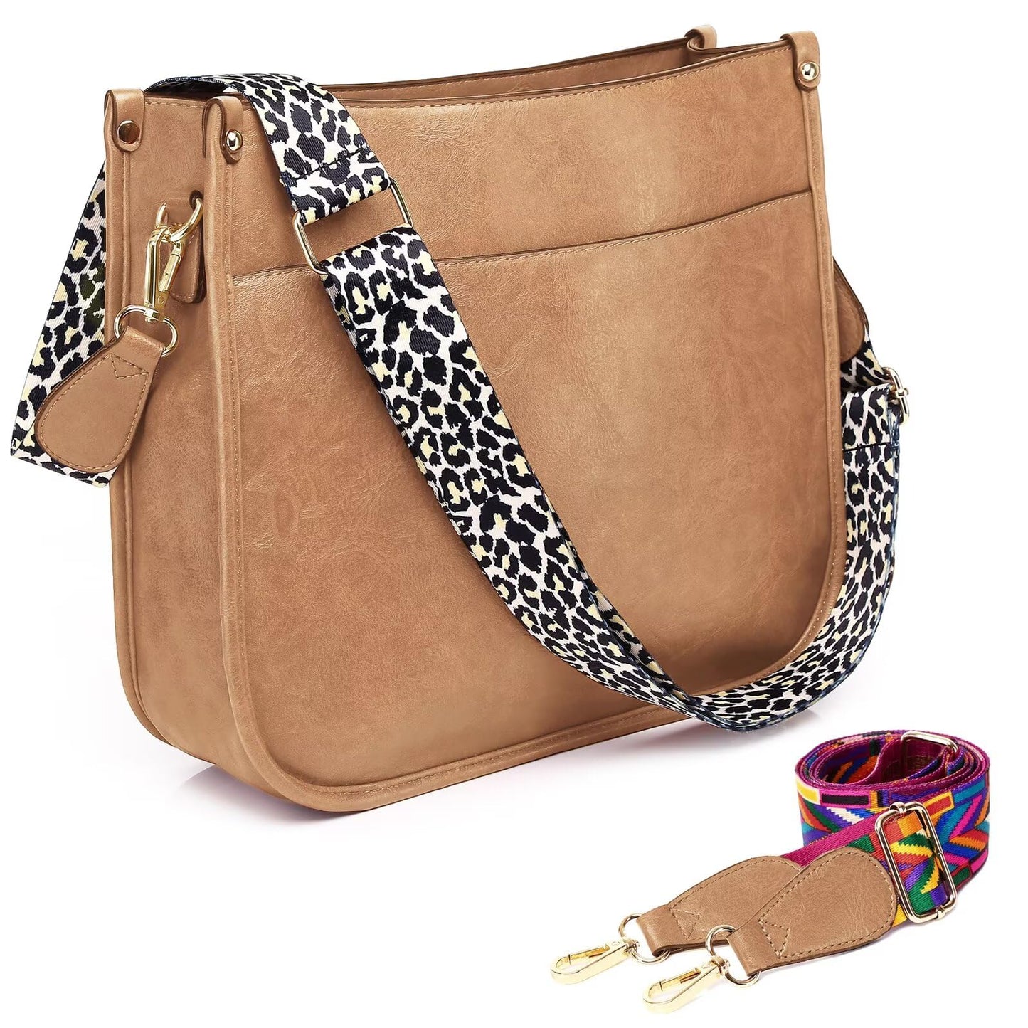 AUYOCO Vegan Leather Crossbody Bags for Women, Crossbody Purse with 2 Guitar Straps Zipped Pockets Handbag Shoulder Bag