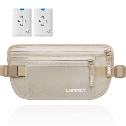 Travel Money Belt Hidden Waist Stash Wallet RFID Blocking Anti-Theft Passport Holder for Men Women, Cream