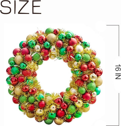 Amooca 16in Christmas Ball Wreath with LED Lights Front Door Window Decorative Hanging Ornaments Table Centerpiece Holiday Party Home Decoration Red Gold Green