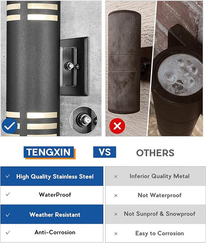TENGXIN Outdoor Wall Lights, 2-Pack Dusk to Dawn Modern Outdoor Wall Sconce with Stainless Steel Cylinder, Black Finish Wall Mount Light,IP65 Waterproof