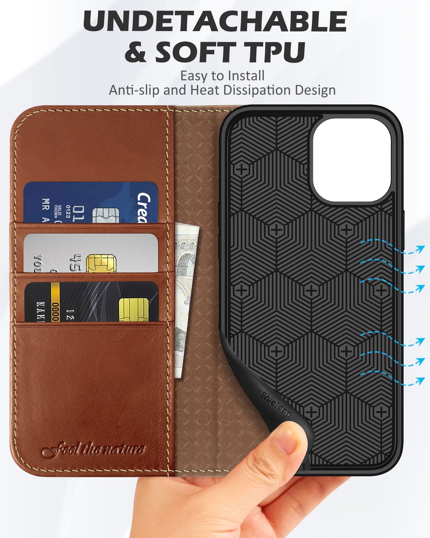 SHIELDON Wallet Case for iPhone 12 5G, Genuine Leather Folio Case Magnetic Shock Absorbing Cover RFID Blocking Credit Card Holder Kickstand Compatible with iPhone 12/12 Pro 6.1" - Retro Brown