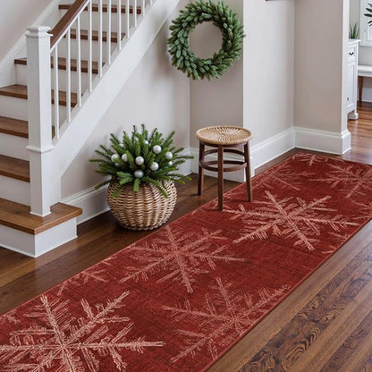 Lahome Snowflake Christmas Runner Rug, 2x6 Red Christmas Rug Runner Soft Non Slip Kitchen Runner Rugs with Rubber Backing Holiday Decor Carpet Runners for Hallways Bedroom Laundry(2x6ft,Red)
