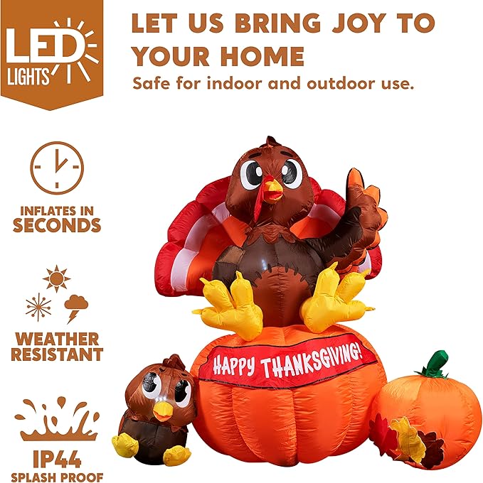 Joiedomi 6 ft Thanksgiving Inflatable Turkey on Pumpkin Decoration, LED Light Up Blow Up Turkey for Autumn Thanksgiving Family Party Décor, Halloween Inflatable for Yard Garden